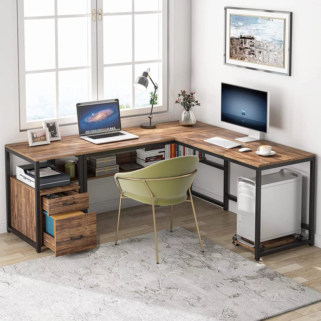 70 Inch L-Shaped Desk with Bookcase Cabinet and Drawers S3526