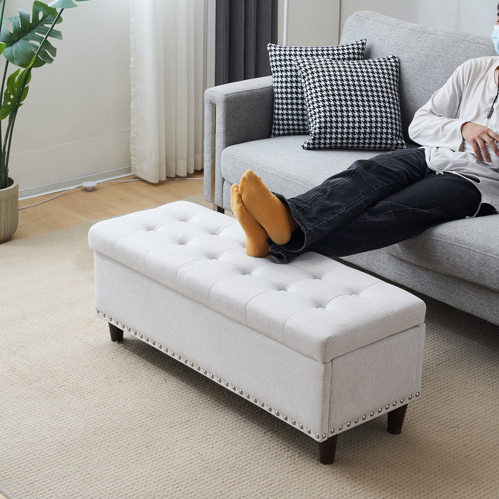Off-White Linen Upholstered Storage Bench R592
