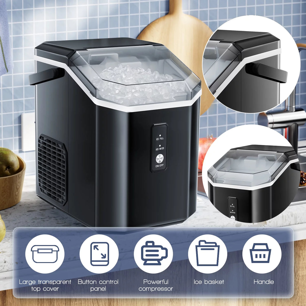 Portable Nugget Ice Maker Countertop Self-Cleaning 33lbs/24H Grey Y894223