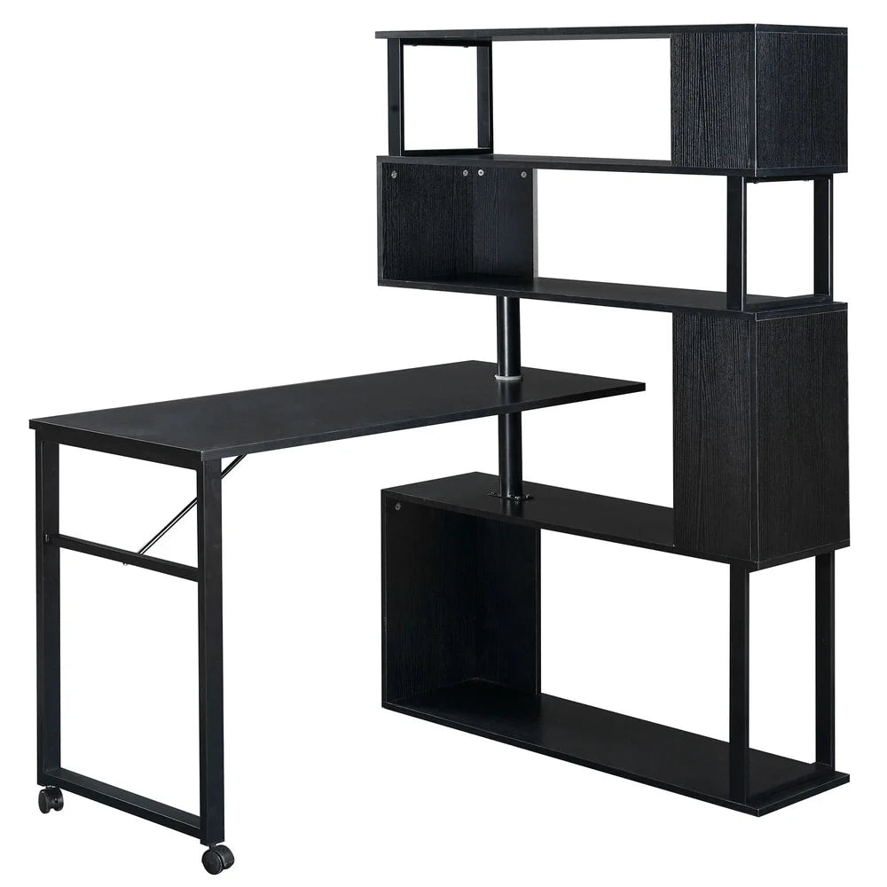L-Shaped Corner Computer Desk with 5-Tier Bookshelf Black M771