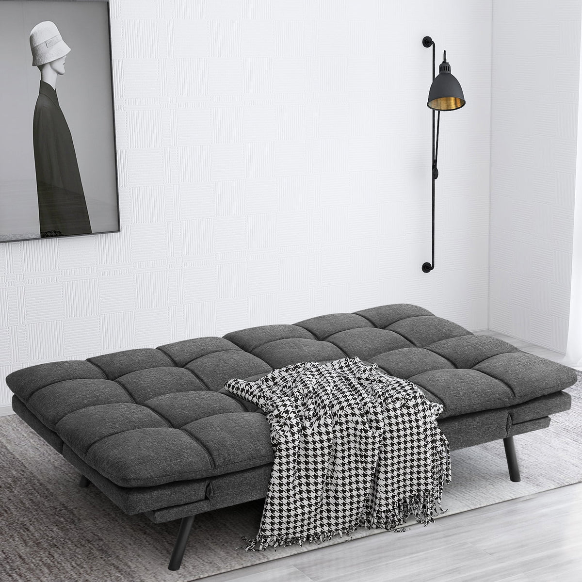 Memory Foam Futon Sofa Bed with Adjustable Armrests and Backrest, Gray P24848