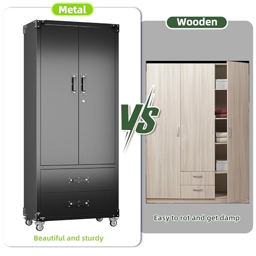 71" H Metal Storage Cabinet with Wheels, 5 Shelves and 4 Hooks, Black Silver P48743