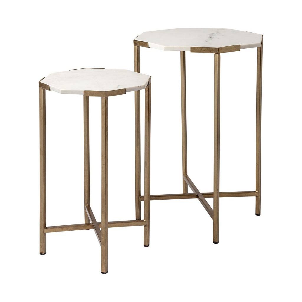 Set of Two White Marble and Iron Hexagonal End/Side Tables Q7623