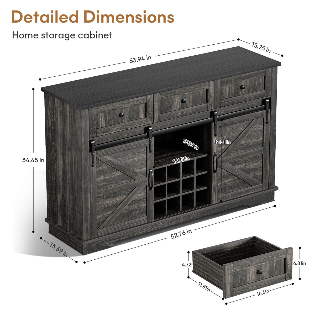 Wood Bar Cabinet with Sliding Barn Door and Wine Rack R327