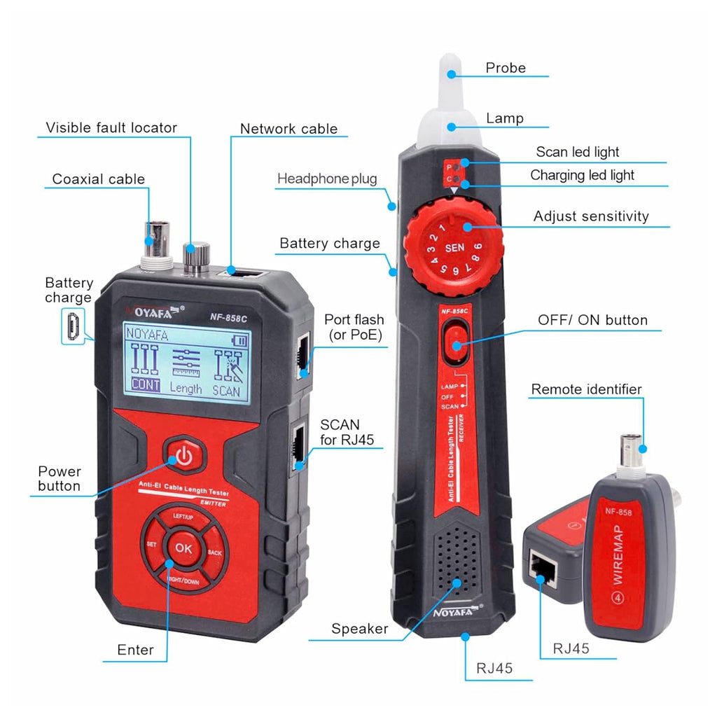 LCD Network Tester, RJ11 RJ45 Coax Cable Tester with VFL and POE E325