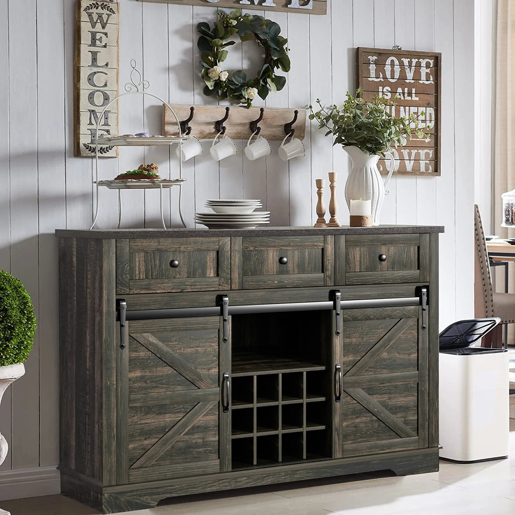 Wood Bar Cabinet with Sliding Barn Door and Wine Rack R327