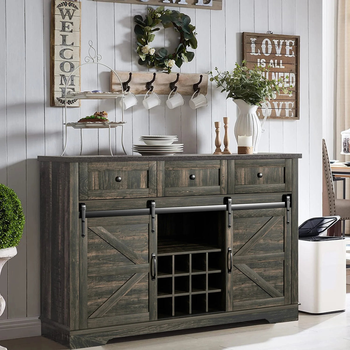 Wood Bar Cabinet with Sliding Barn Door and Wine Rack R327