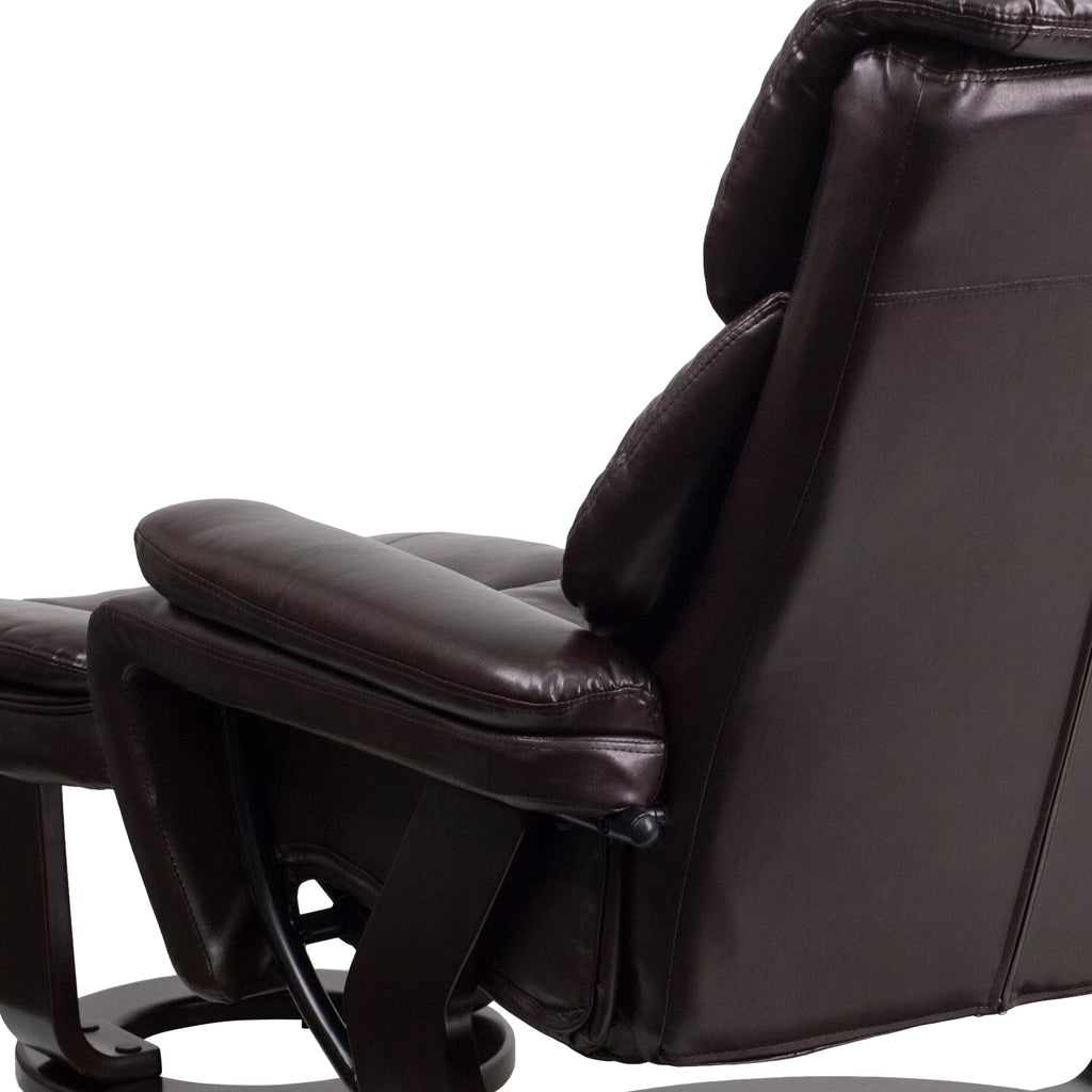 Brown LeatherSoft Recliner and Ottoman with Swivel Mahogany Wood Base M93940