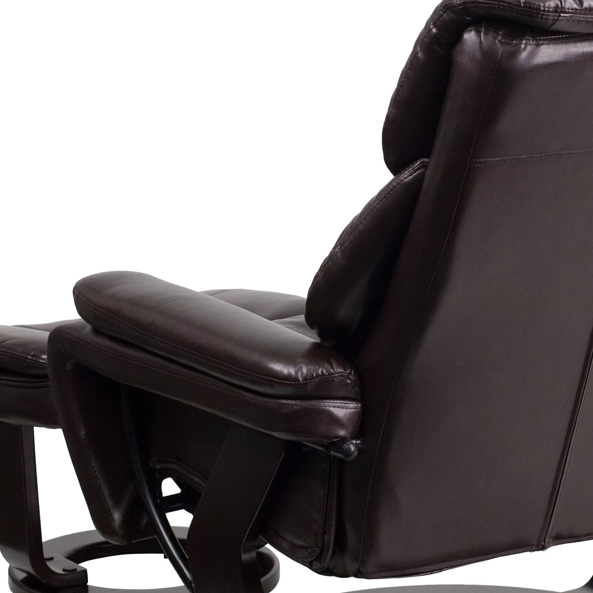 Brown LeatherSoft Recliner and Ottoman with Swivel Mahogany Wood Base M93940