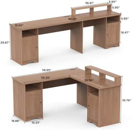 L Shaped Desk with Drawers 60 Inch Corner Computer Desk with USB Charging Port and Power Outlet Oak P887