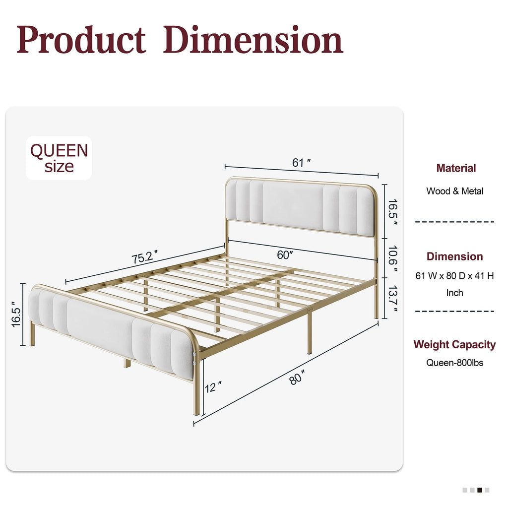 Gold Queen Size Velvet Fabric Headboard Metal Platform Bed V96017