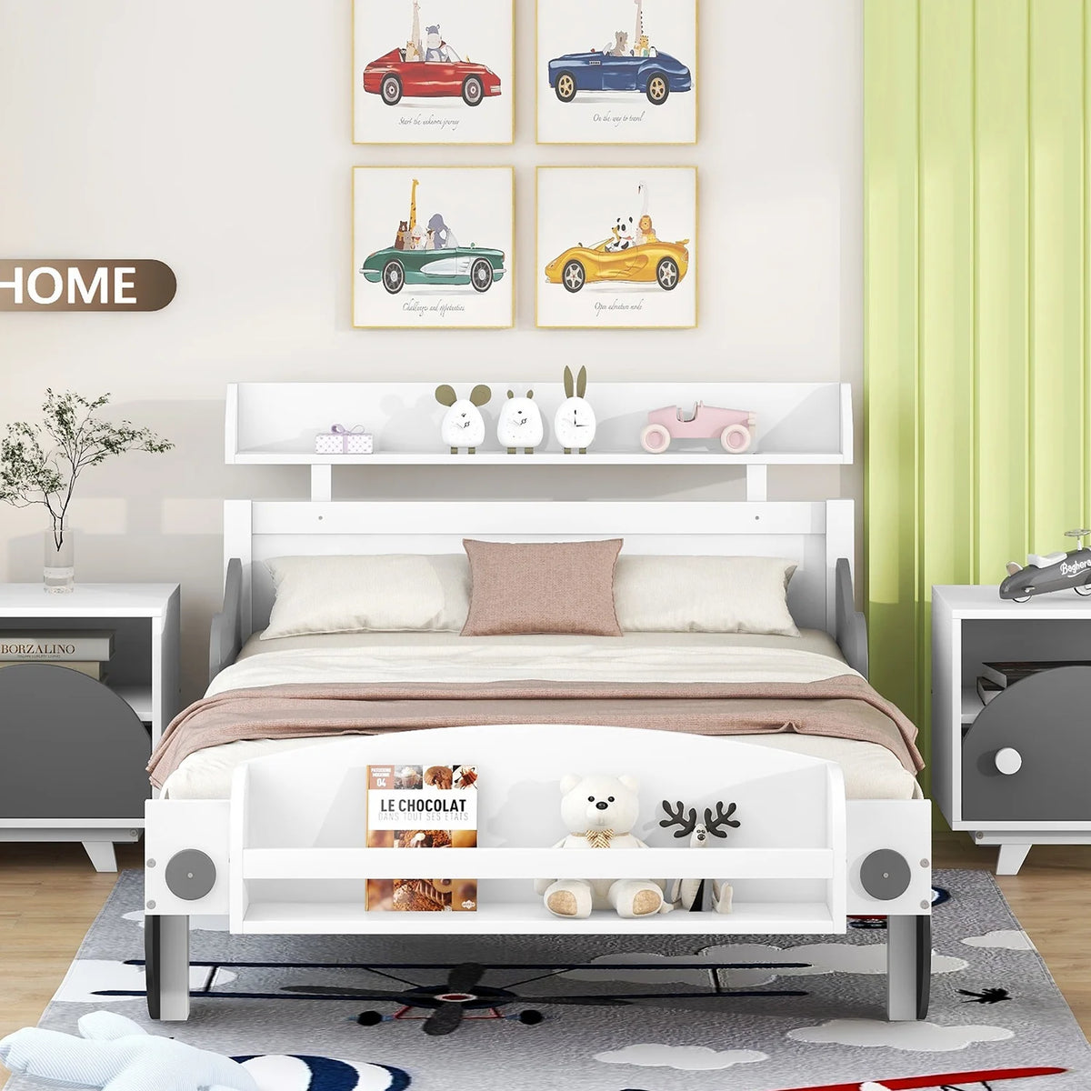 Twin Size Car-Shaped Platform Bed with Storage Shelf D907106