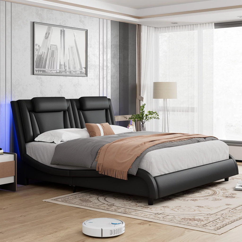 Queen LED PU Leather Upholstered Platform Bed with Adjustable Headboard Q40031