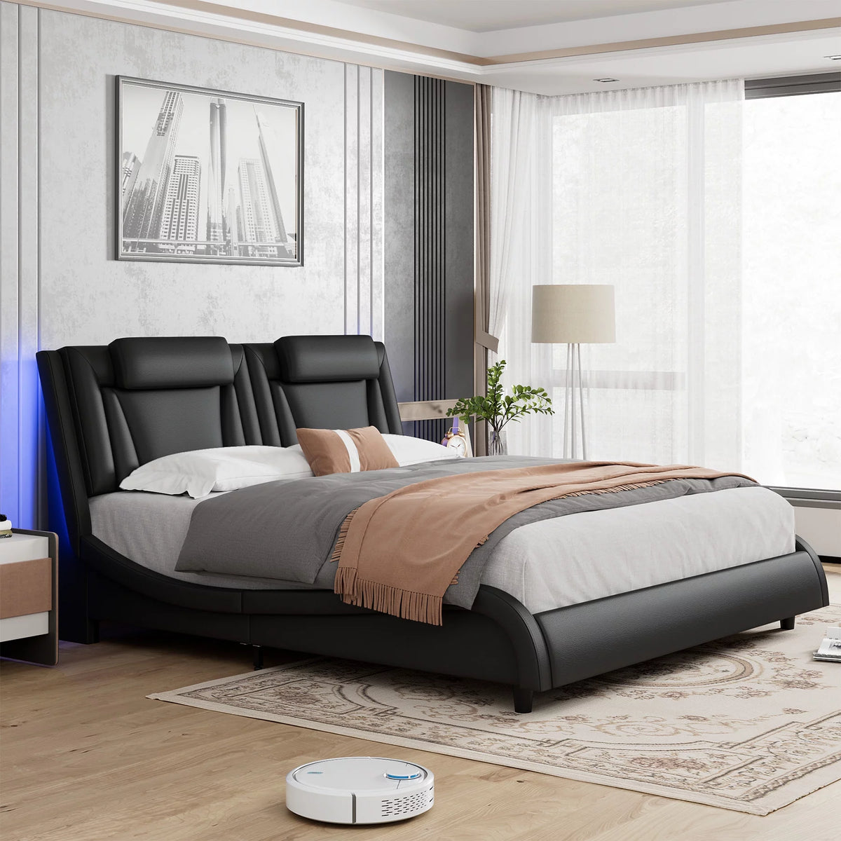 Queen LED PU Leather Upholstered Platform Bed with Adjustable Headboard Q40031