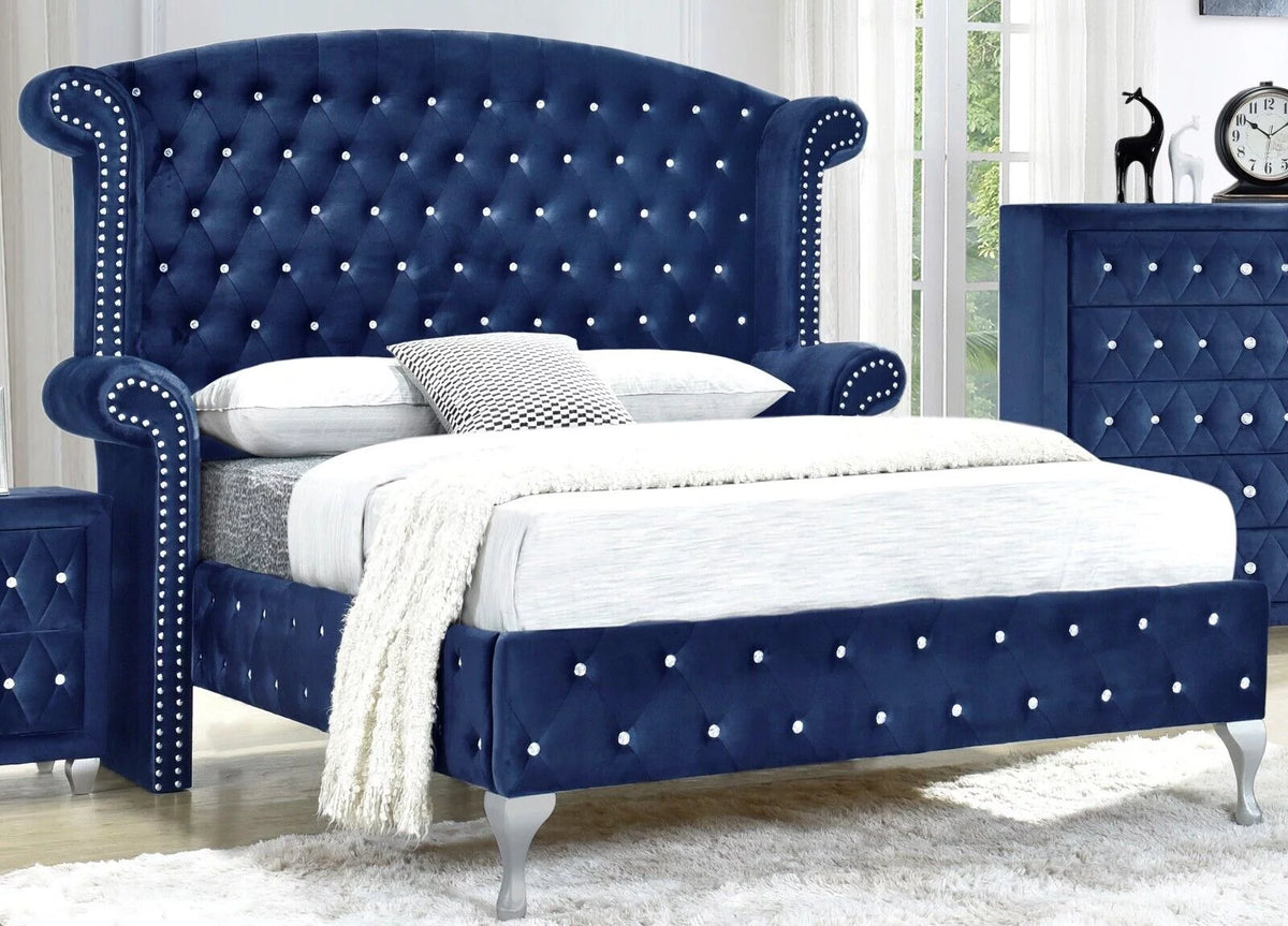 King Size 4Pc Blue Velvet Bedroom Set C65477