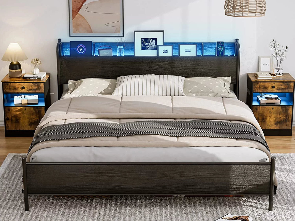 Black Twin XL LED Bed Frame with Storage Headboard and USB Ports Y368