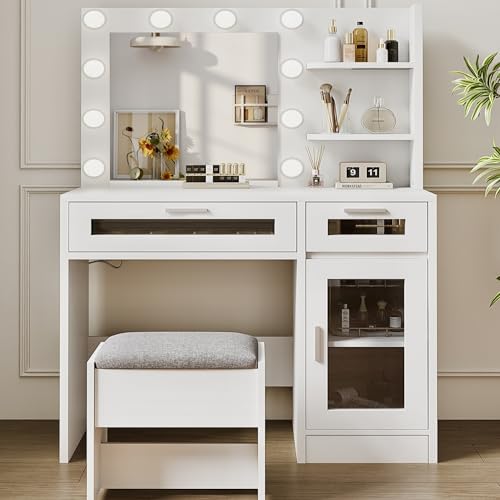 White Vanity Desk with Mirror and Lights C37190