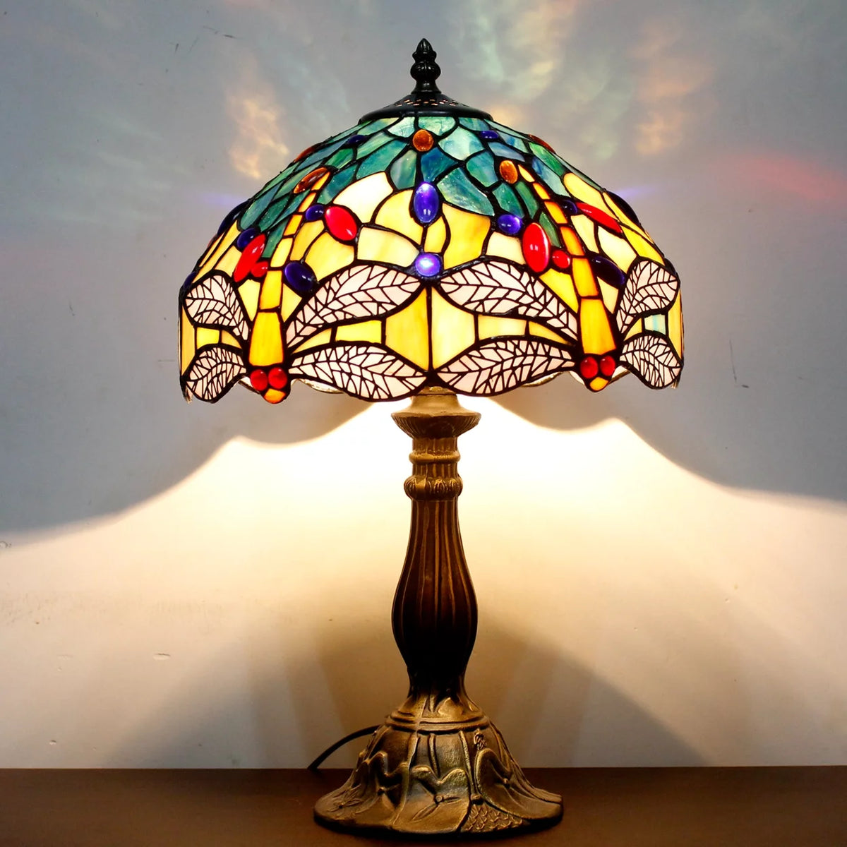 Sea Blue Yellow Stained Glass Dragonfly Style Table Lamp L88196