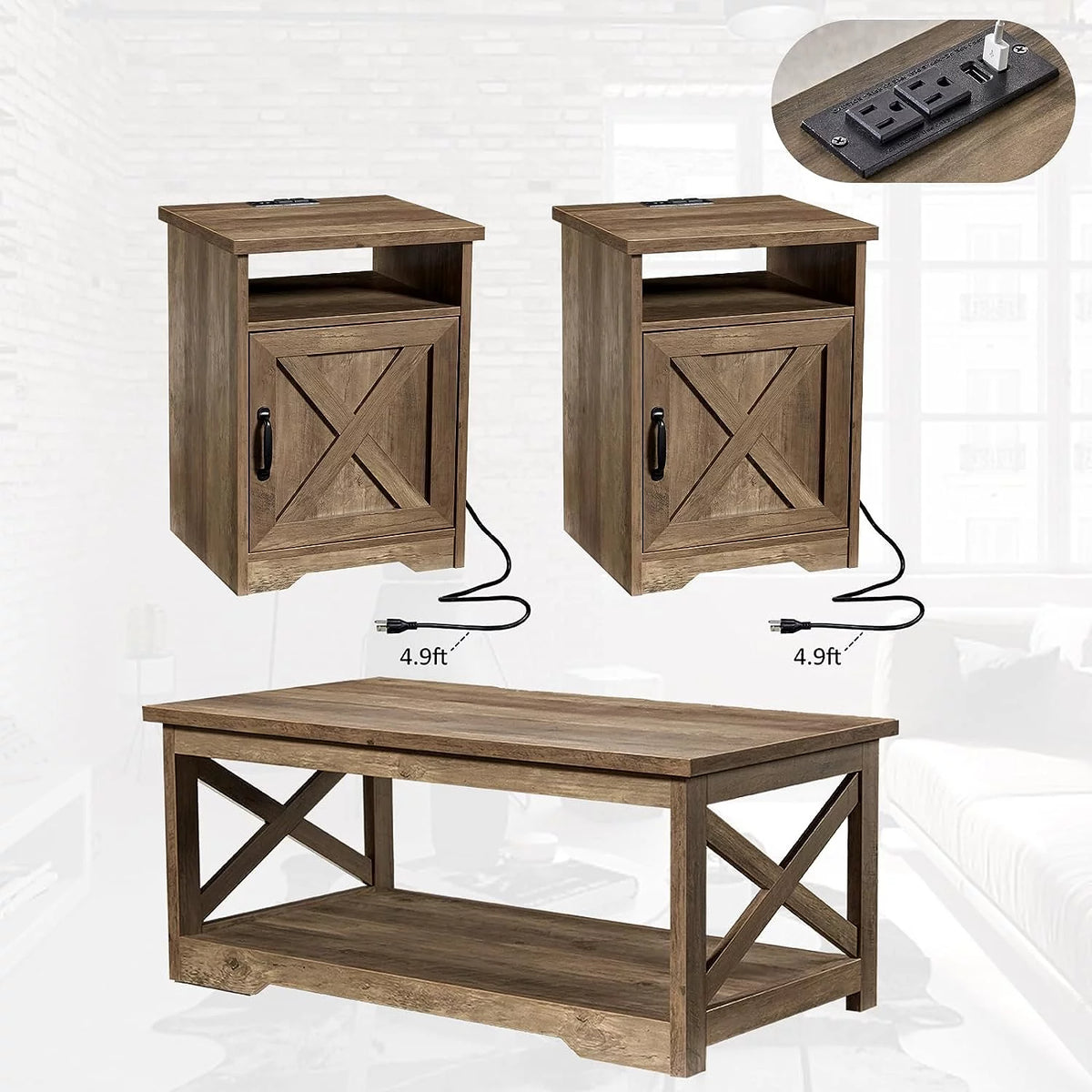 3-Piece Farmhouse Table Set with Charging Station D482000