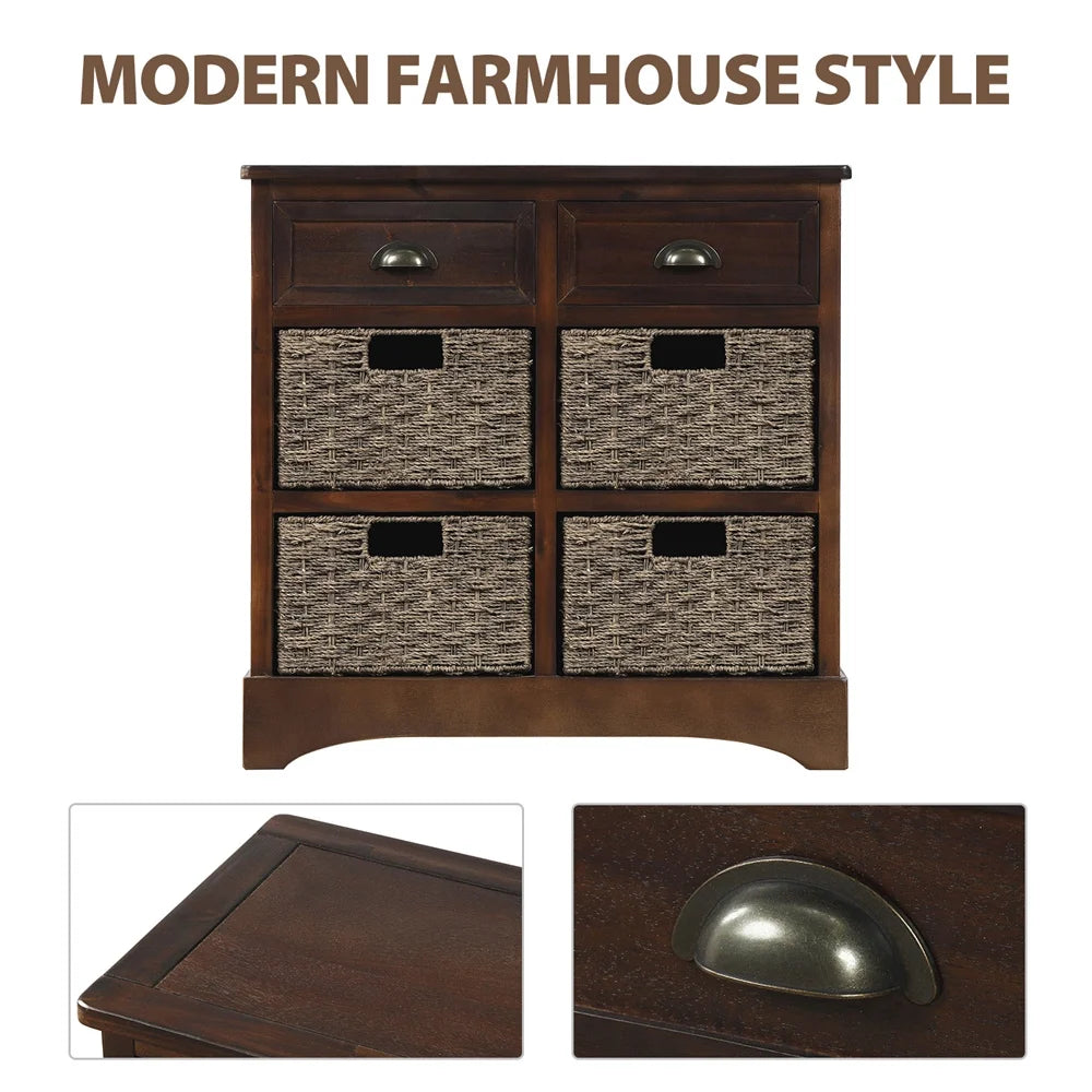 Espresso Wood Storage Cabinet with 2 Drawers and 4 Wicker Baskets V72399