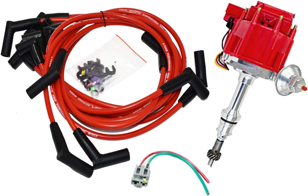 HEI Distributor 65K Volt Blue Cap 8mm Silicone Spark Plug Wires and Pigtail Wiring Harness Kit P776645