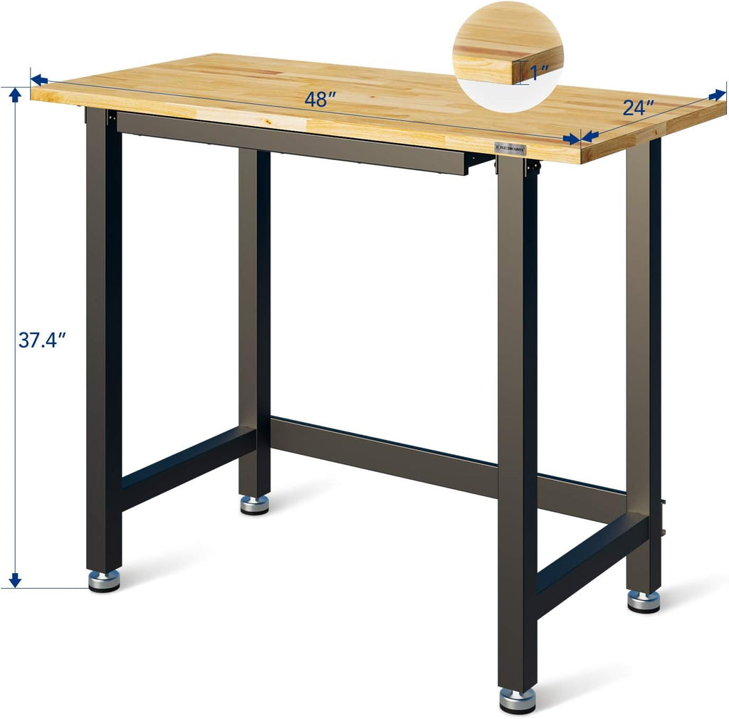 Work Bench with Drawer 3000-lb Capacity 48"x 24" Rubber Wood Top Heavy-Duty Steel Frame S1447