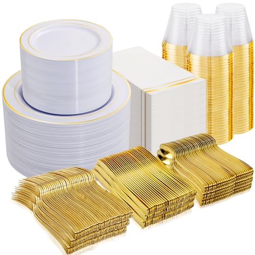 Black and Gold Plastic Plates 350PCS Disposable Dinnerware Set for 50 Guests Q607