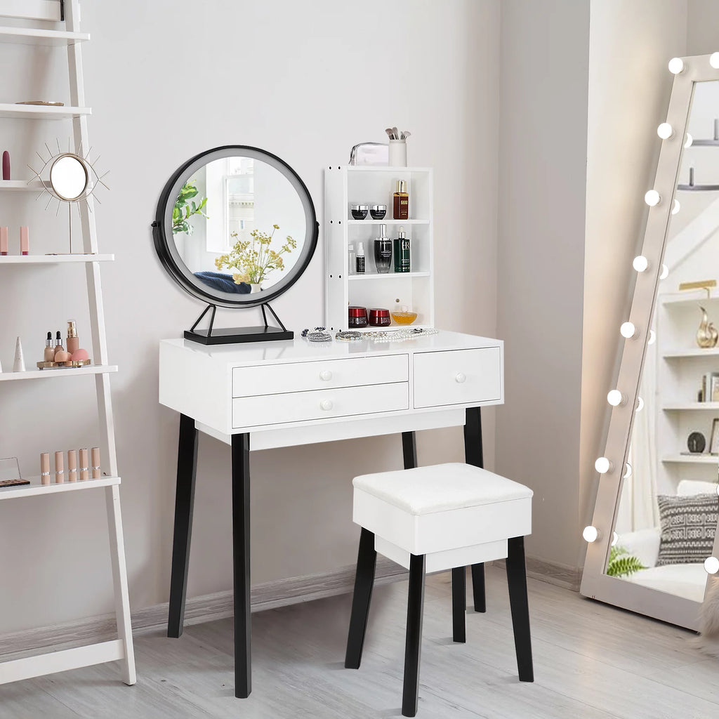 Black and White Vanity Set with Lighted Mirror and Cushioned Stool B29200