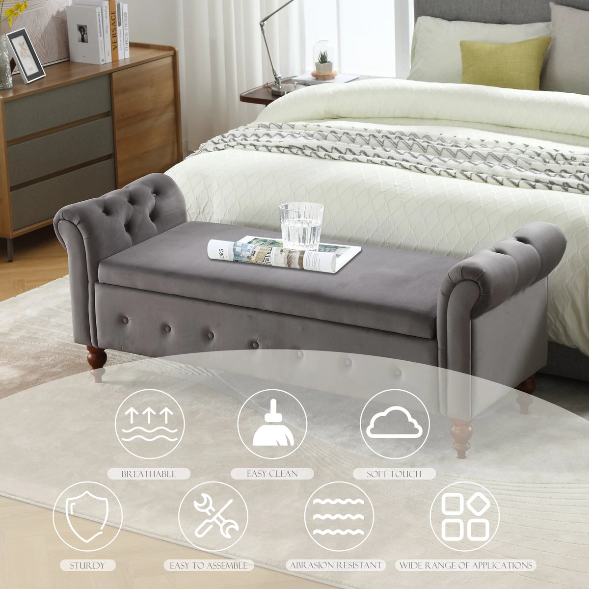 Gray Velvet Upholstered Storage Bench with Arms B312