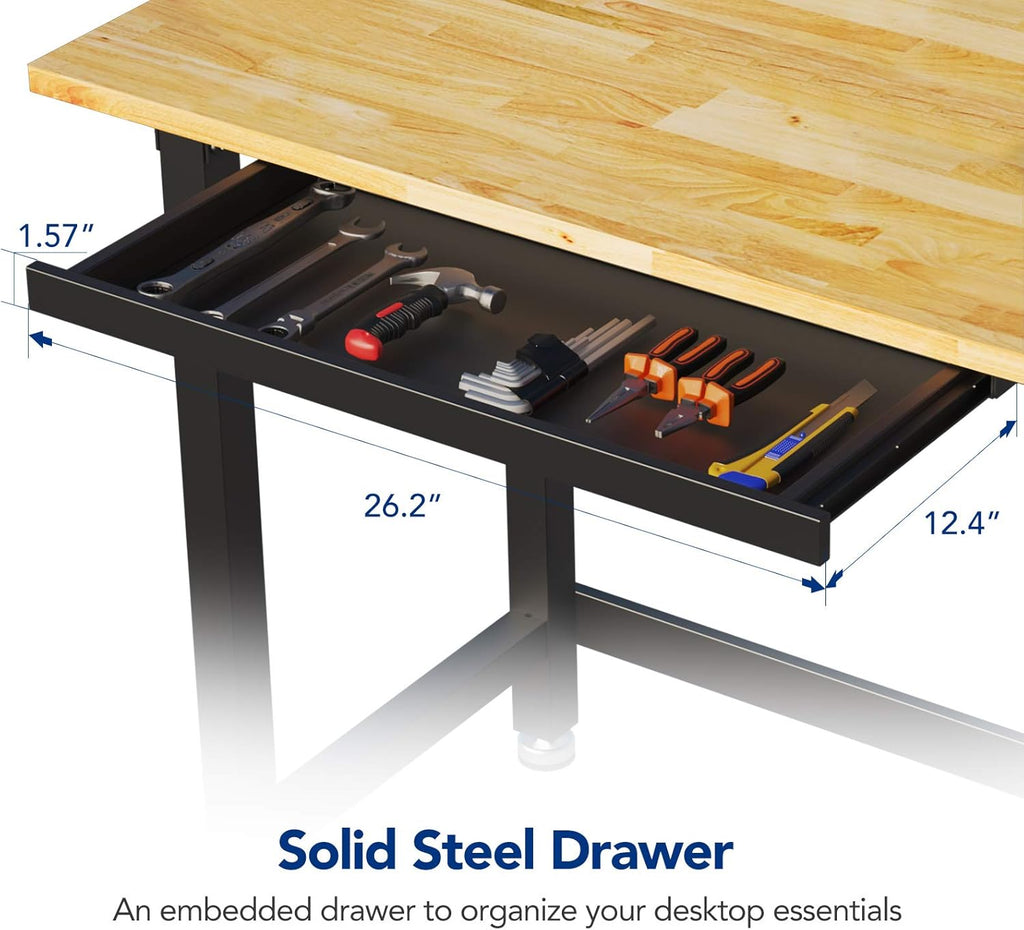 Work Bench with Drawer 3000-lb Capacity 48"x 24" Rubber Wood Top Heavy-Duty Steel Frame S1447