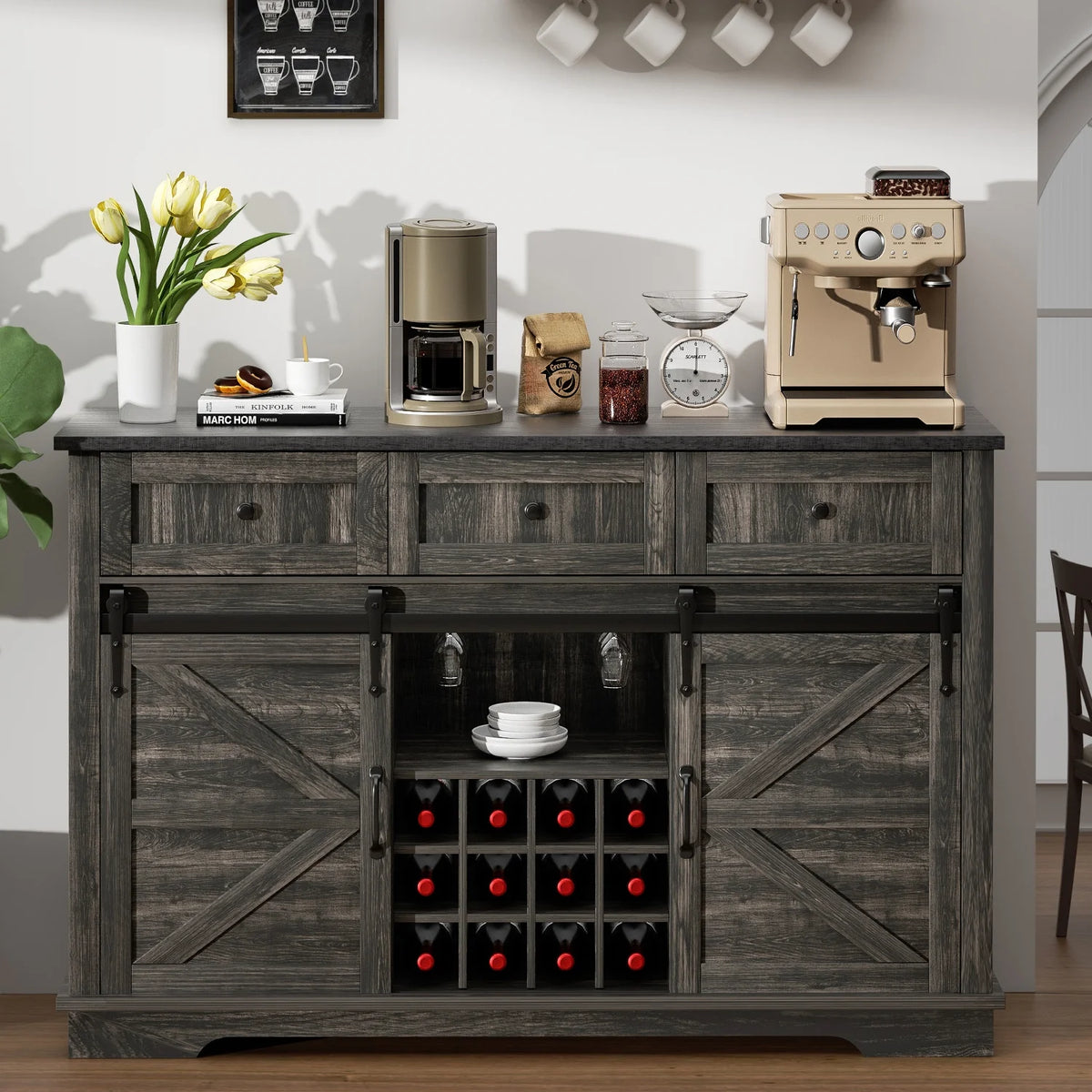 Wood Bar Cabinet with Sliding Barn Door and Wine Rack R327
