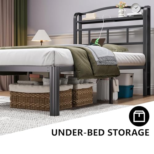 Black 14 Inch Full Size Metal Platform Bed Frame with Storage Headboard and Charging Station Z1579