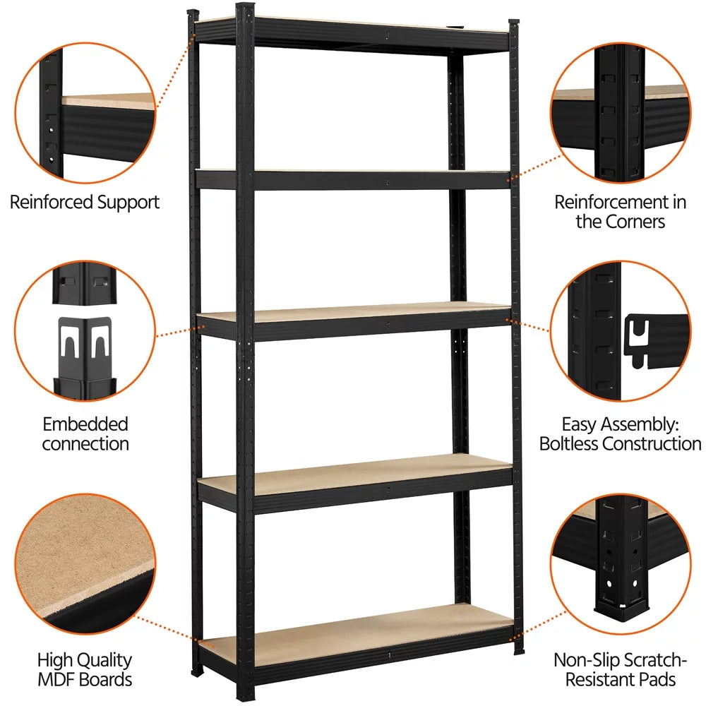 5-Shelf Adjustable Steel Storage Shelf Unit, Black, 2 Pack H41117