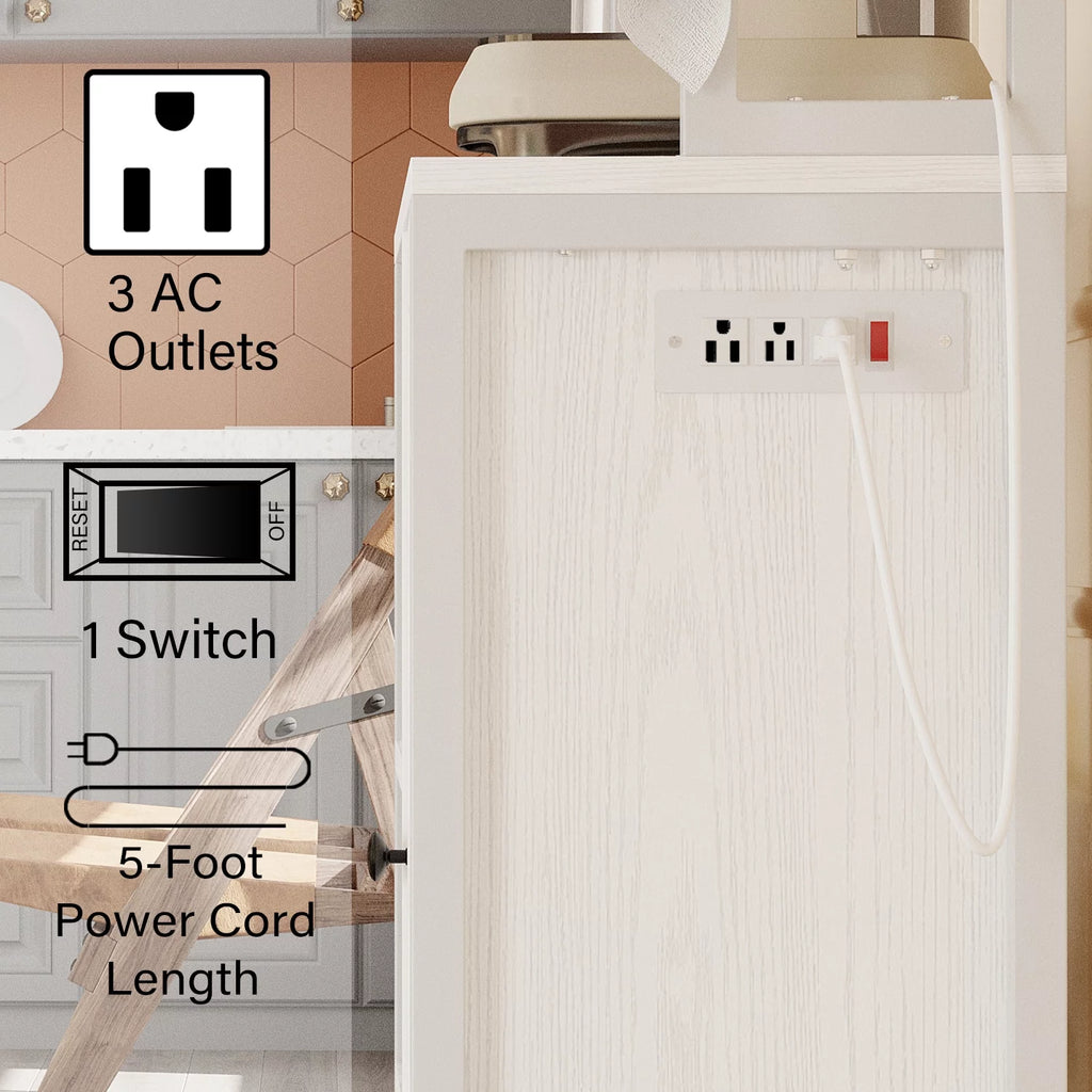 White Bakers Rack with Power Outlets and Cabinets C7099