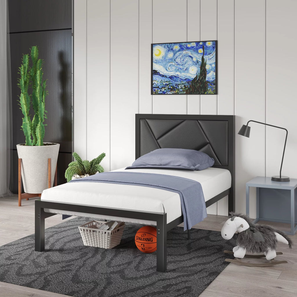 Queen Size Black Metal Bed Frame with Upholstered Headboard X212