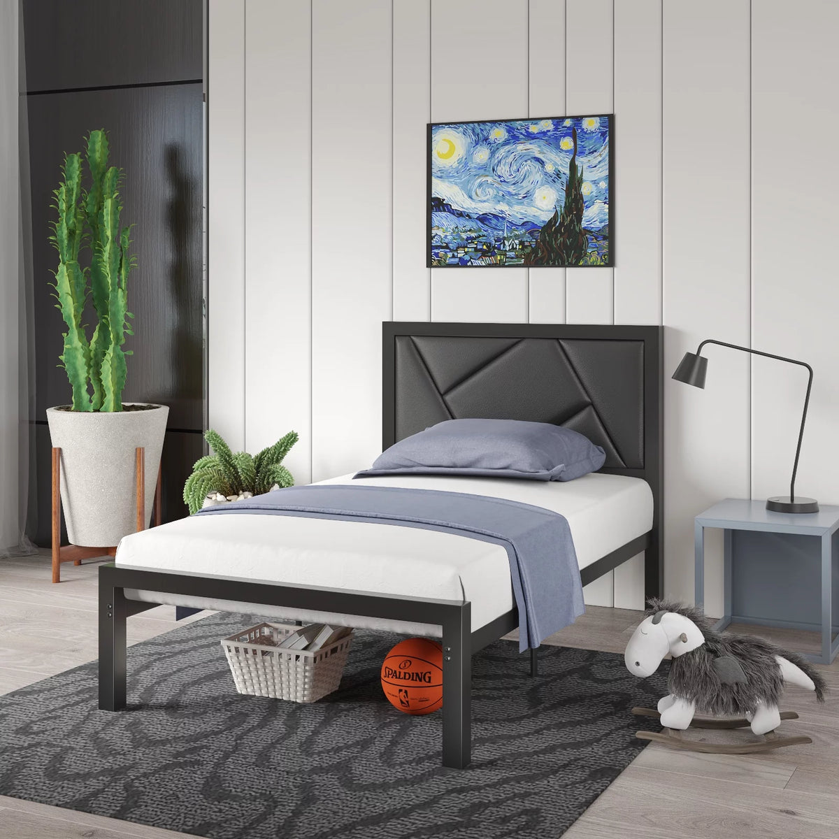 Queen Size Black Metal Bed Frame with Upholstered Headboard X212