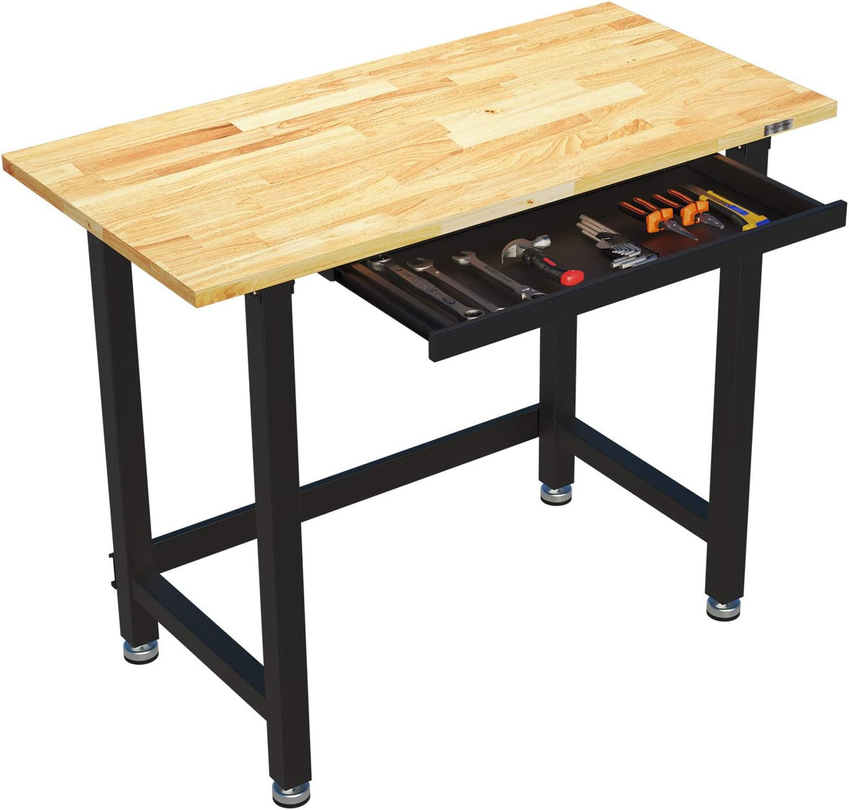 Work Bench with Drawer 3000-lb Capacity 48"x 24" Rubber Wood Top Heavy-Duty Steel Frame S1447