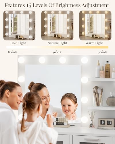 White Vanity Desk with Mirror and Lights C37190