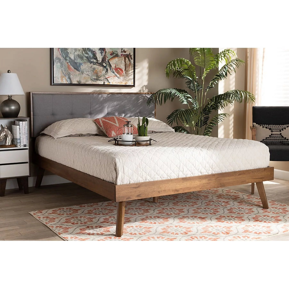 Light Grey Fabric Upholstered Walnut Brown Wood Queen Size Platform Bed T250