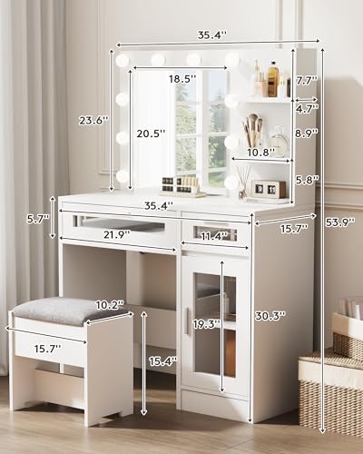 White Vanity Desk with Mirror and Lights C37190