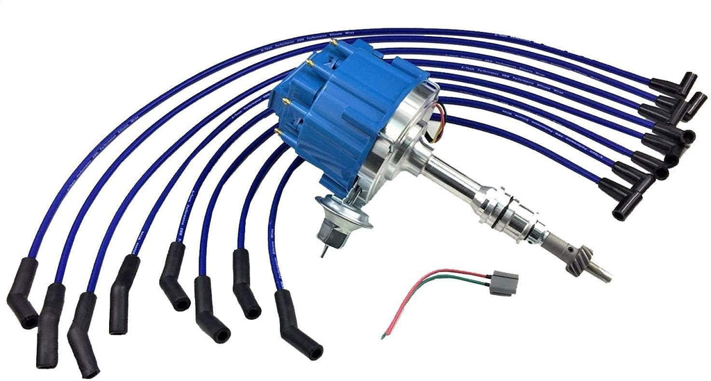HEI Distributor 65K Volt Blue Cap 8mm Silicone Spark Plug Wires and Pigtail Wiring Harness Kit P776645