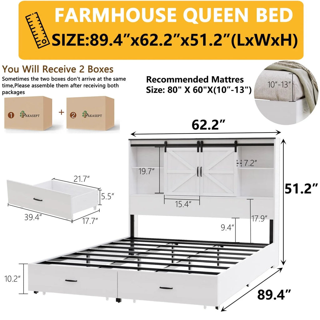 Queen Size Wooden Platform Bed Frame with Bookcase Headboard Storage B3939