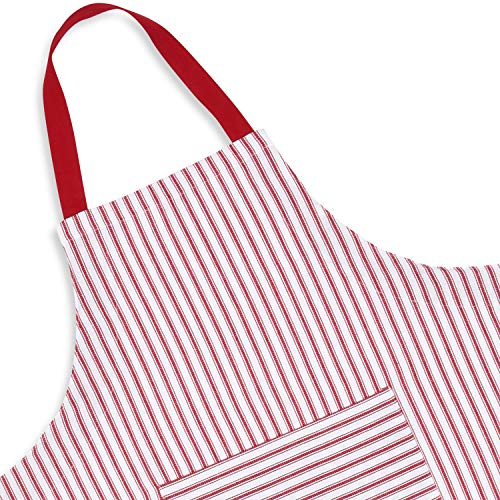 Red and White Stripe Woven Cotton Apron with Pocket M343