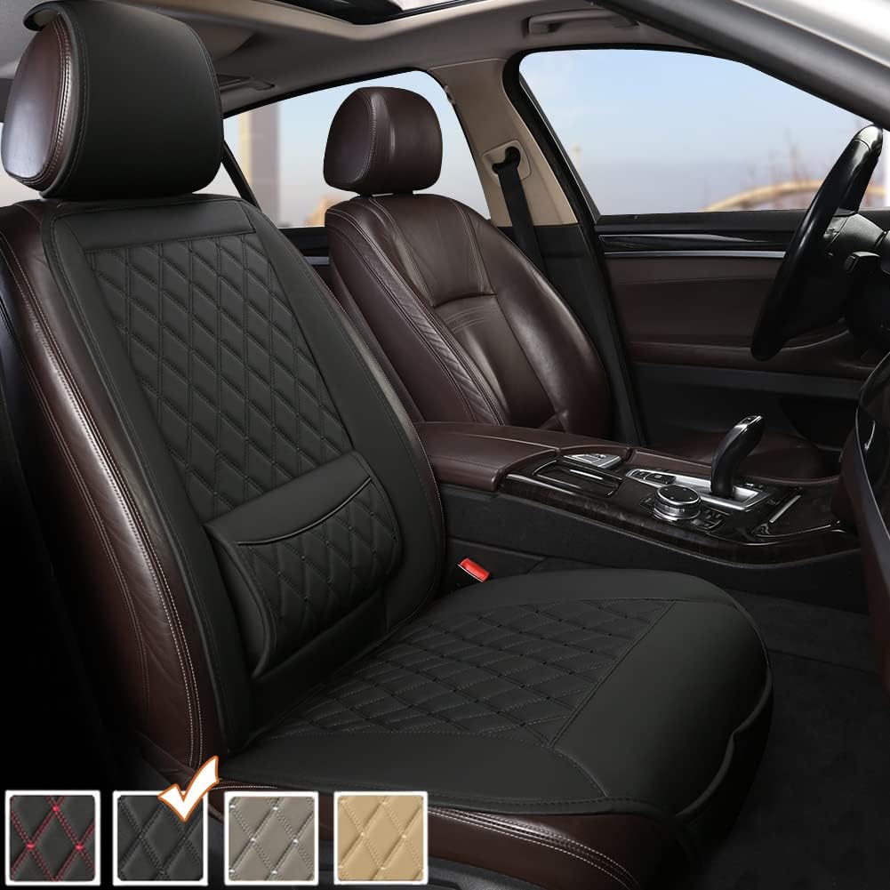 Black 1 Piece PU Leather Car Seat Cover with Lumbar Support Pack of 2 C922