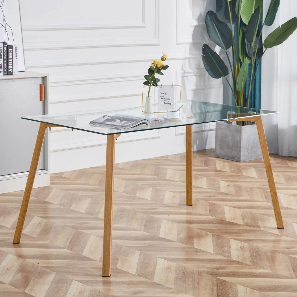 Glass Dining Table Modern Minimalist Rectangular 4-6 31" Tempered Glass Tabletop Black Coating Metal Legs Y58660