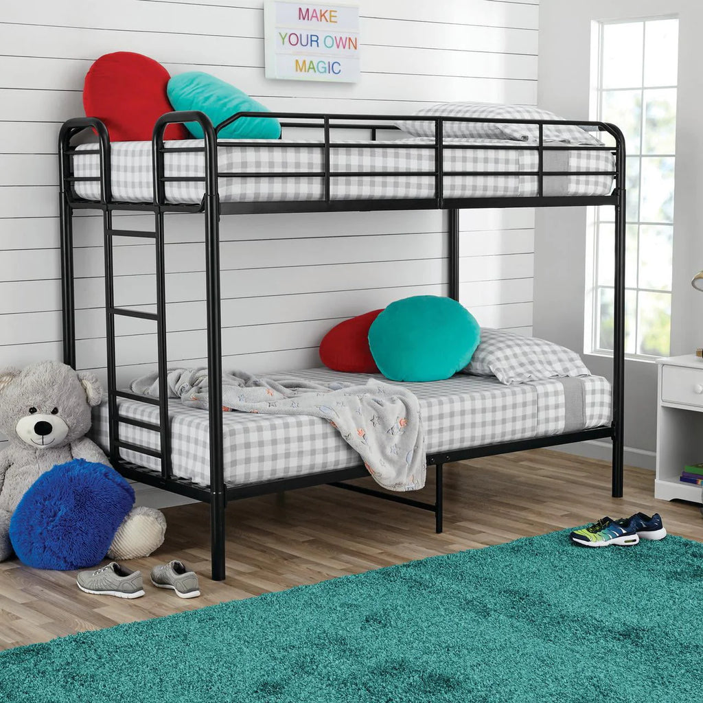 Black Metal Twin over Twin Quad Bunk Bed with Ladder and Guardrails S739