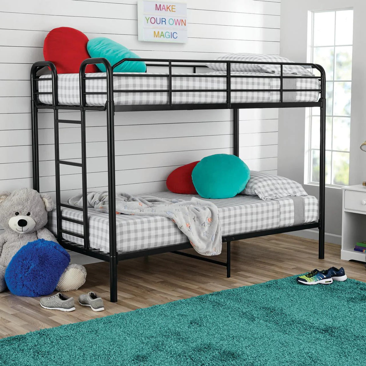 Black Metal Twin over Twin Quad Bunk Bed with Ladder and Guardrails S739