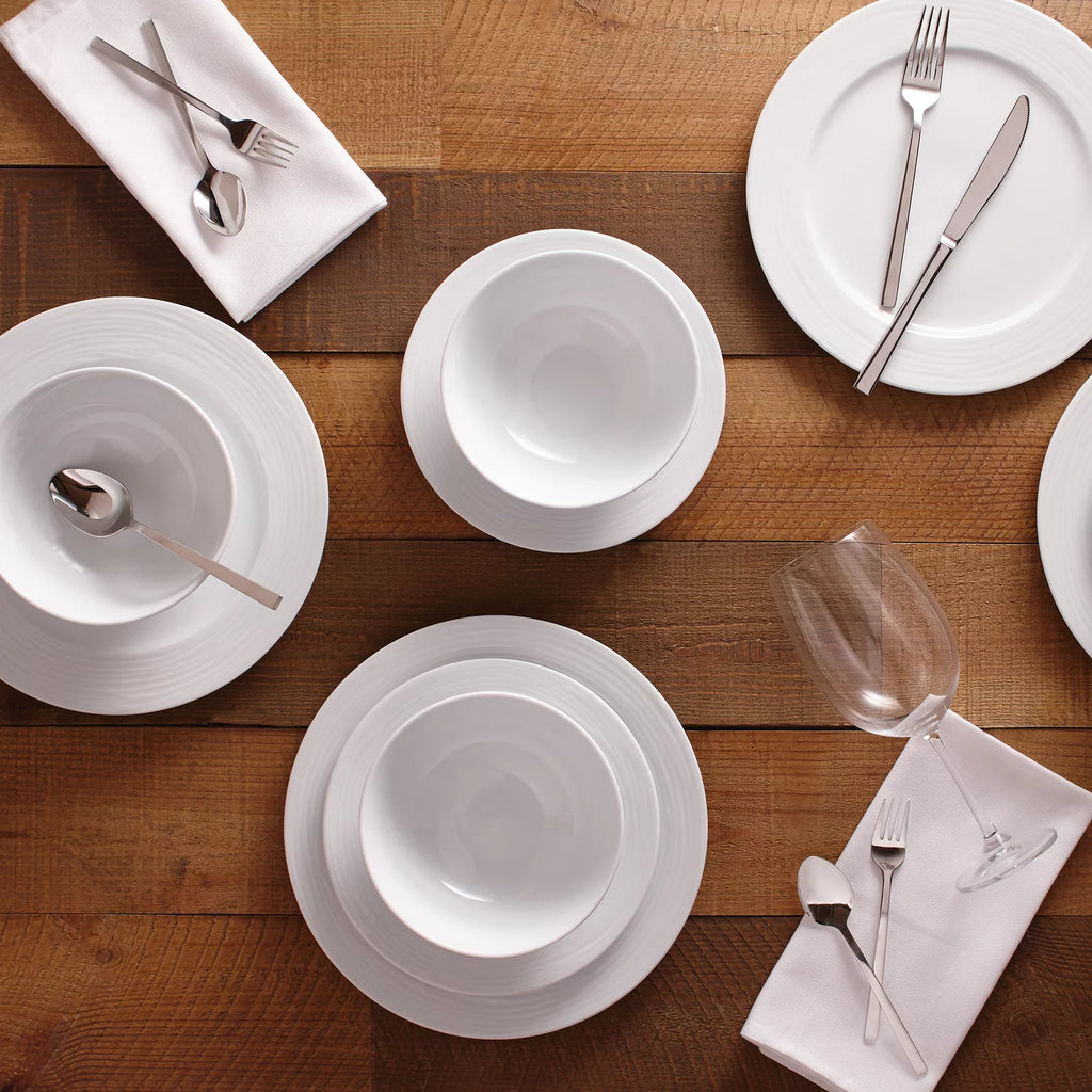 12-Piece White Embossed Round Rim Dinnerware Set E7626