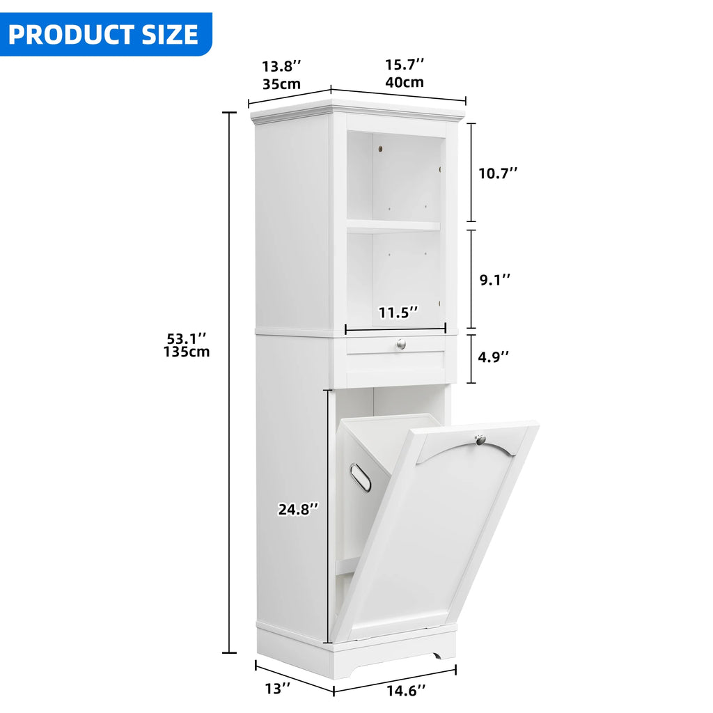 53" Tilt Out Laundry Cabinet with Basket, Drawer, 2 Layer Open Shelf, White I460501