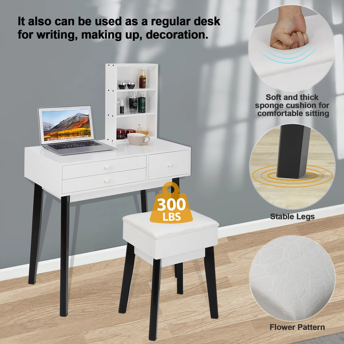 Black and White Vanity Set with Lighted Mirror and Cushioned Stool B29200